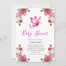 Roze bloemige schattige vlinder babyshower uitnodi kaart