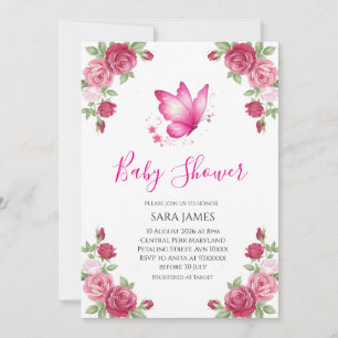 Roze bloemige schattige vlinder babyshower uitnodi kaart