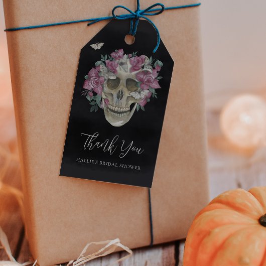 Roze bloemige schedel Halloween bruiloft favoriet Cadeaulabel