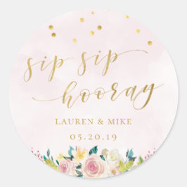 Roze Bloemige Sip Sip Hooray Trouwgunst Ronde Sticker