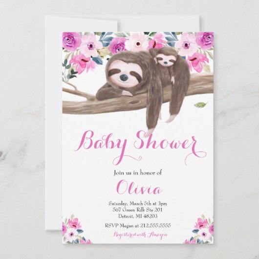 Roze Bloemige Slaperige Luiaard en Baby Borrel Kaart (Voorkant)