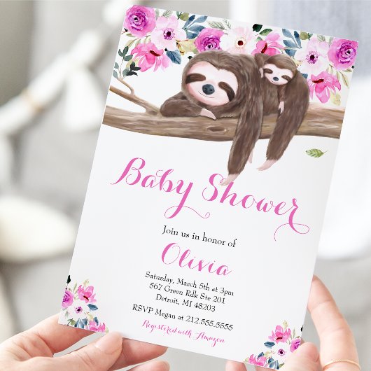 Roze Bloemige Slaperige Luiaard en Baby Shower Kaart