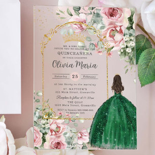Roze bloemige smaragd Quinceañera Sweet 16 15 Acryl Uitnodigingen