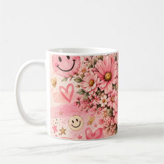 Roze Bloemige Smiley Face Retro Esthetiek Koffie Koffiemok