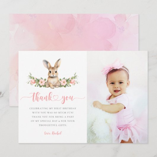 Roze bloemige Some Bunny Girl 1e verjaardagsfoto Bedankkaart (Voorkant / Achterkant)