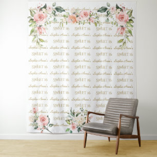 Roze bloemige stap herhaal Sweet Sixteen foto prop Wandkleed