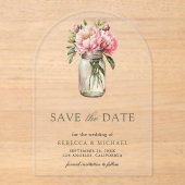 Roze bloemige stenen pot trouw 'save the date' acryl uitnodigingen (Voorkant)
