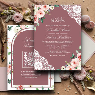 Roze Bloemige Stof Roze Kant QR Code Moslim Huweli Kaart