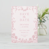 Roze bloemige stoffige blauwe huwelijkskaart om de save the date (Staand voorkant)