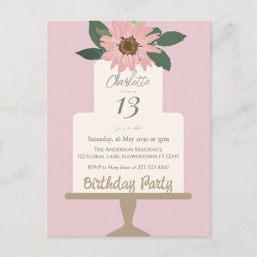 Roze Bloemige Taart Verjaardagsfeestje  Briefkaart (Voorkant)