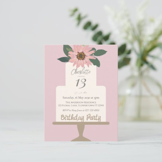 Roze Bloemige Taart Verjaardagsfeestje  Briefkaart (Staand voorkant)