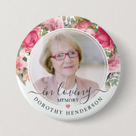 Roze bloemige 'Ter liefdevolle herinnering' foto-h Ronde Button 7,6 Cm