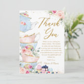 Roze Bloemige Thee Baby Bruidsfeestje Bedankkaart (Staand voorkant)