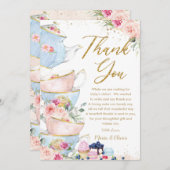 Roze Bloemige Thee Baby Bruidsfeestje Bedankkaart (Voorkant / Achterkant)
