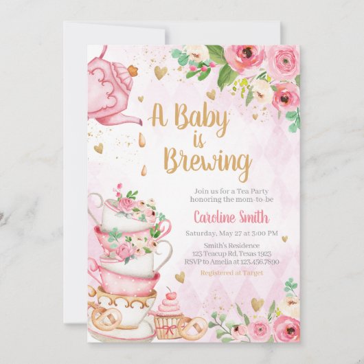 Roze Bloemige Thee Feest Baby Shower  Kaart (Voorkant)