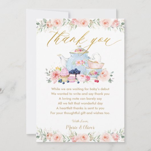 Roze Bloemige Thee Party Baby Shower Verjaardag   Bedankkaart (Voorkant)