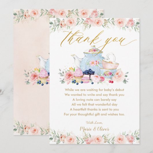 Roze Bloemige Thee Party Baby Shower Verjaardag   Bedankkaart (Voorkant / Achterkant)
