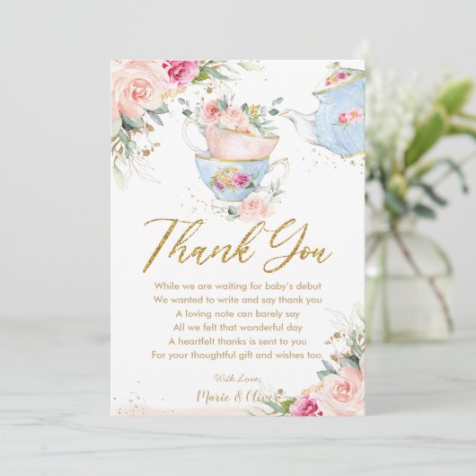 Roze Bloemige Thee Party Baby Shower Verjaardag Bedankkaart (Staand voorkant)