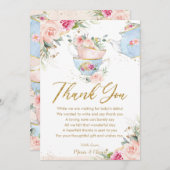 Roze Bloemige Thee Party Baby Shower Verjaardag Bedankkaart (Voorkant / Achterkant)