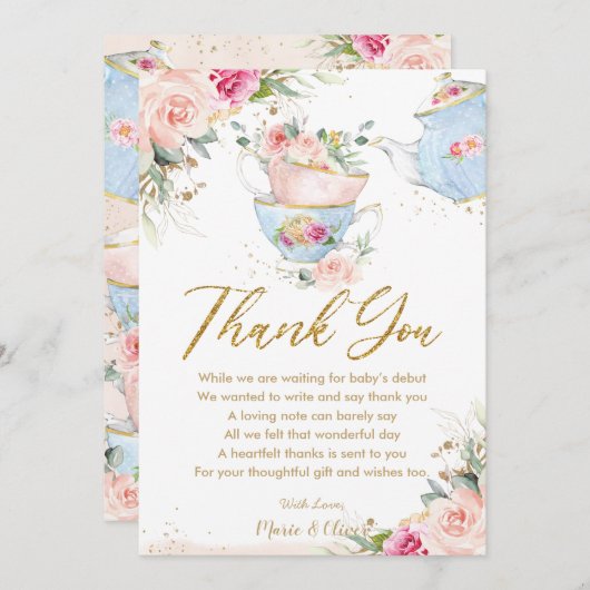 Roze Bloemige Thee Party Baby Shower Verjaardag Bedankkaart (Voorkant / Achterkant)