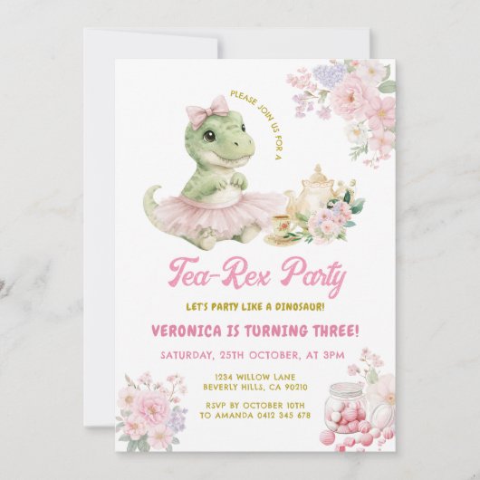 Roze bloemige thee-rex dinosaurus 3e verjaardag kaart (Voorkant)