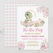 Roze bloemige thee-rex dinosaurus 3e verjaardag kaart (Voorkant / Achterkant)