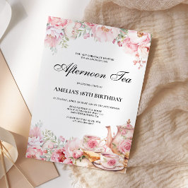 Roze Bloemige Theebirthdayparty in de middag Kaart