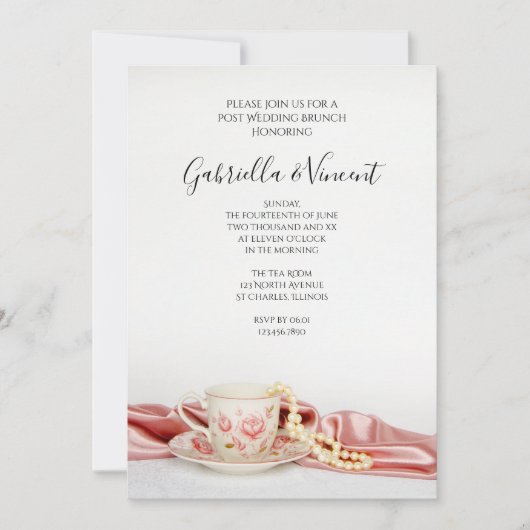 Roze Bloemige Theekop en Parels na de bruiloft bru Kaart (Voorkant)