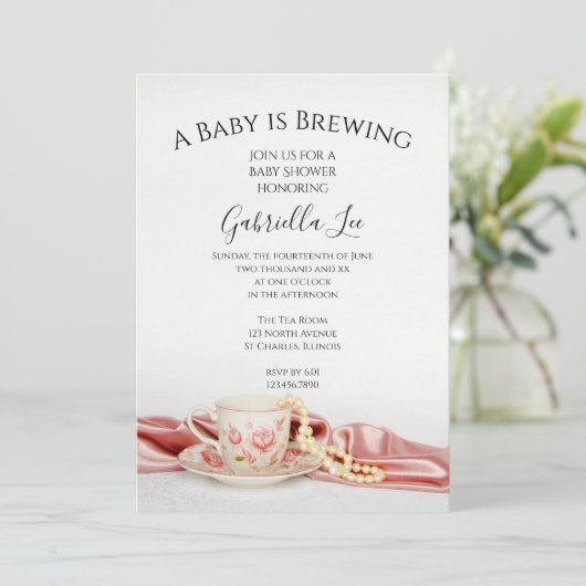 Roze Bloemige Theekopje Baby Brouwt Shower Kaart (Staand voorkant)