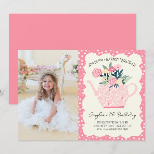 Roze bloemige theepartij verjaardagsfoto uitnodigi kaart (Voorkant / Achterkant)