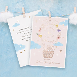 Roze bloemige thema ballon teddybeer babyshower folie uitnodiging