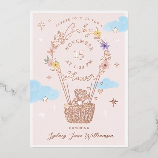 Roze bloemige thema ballon teddybeer babyshower folie uitnodiging (Voorkant)