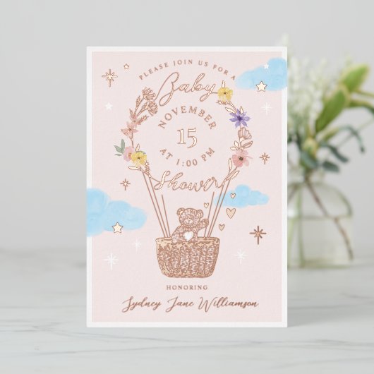 Roze bloemige thema ballon teddybeer babyshower folie uitnodiging (Staand Voorkant)