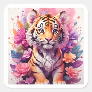 Roze Bloemige Tijger Vierkante Sticker