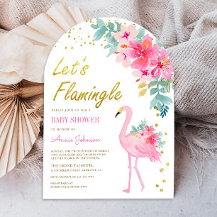 Roze Bloemige Tropische Flamingo Boog Baby Shower Kaart