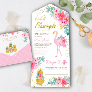 Roze Bloemige Tropische Flamingo Luau Baby Shower All In One Uitnodiging