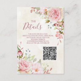 Roze bloemige trouw QR-code details Inzetstuk Informatiekaartje