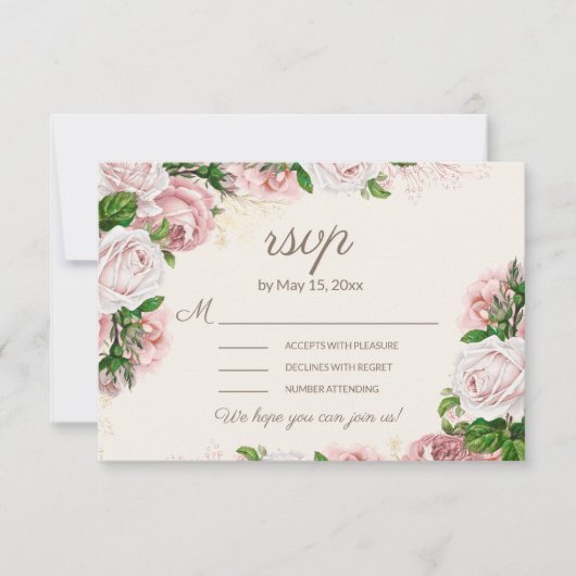 Roze bloemige trouw-RSVP kalligrafie script RSVP Kaartje (Voorkant)
