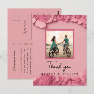 Roze bloemige trouwfoto bedankt briefkaart