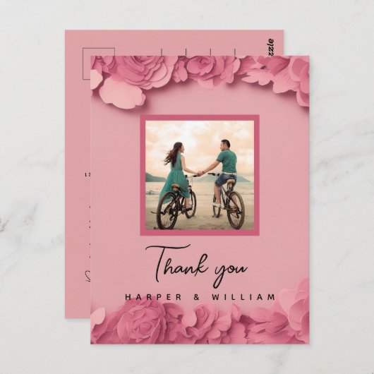 Roze bloemige trouwfoto bedankt briefkaart (Voorkant / Achterkant)