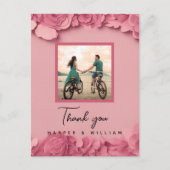 Roze bloemige trouwfoto bedankt briefkaart (Voorkant)