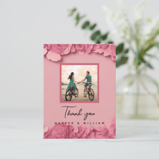 Roze bloemige trouwfoto dank je briefkaart (Staand voorkant)