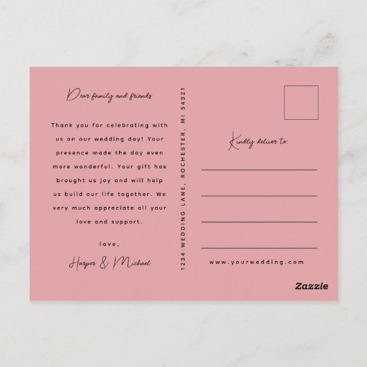 Roze bloemige trouwfoto dank je briefkaart (Achterkant)