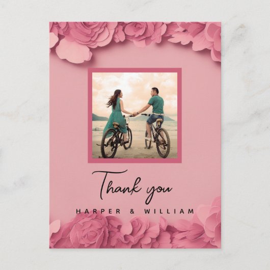 Roze bloemige trouwfoto dank je briefkaart (Voorkant)