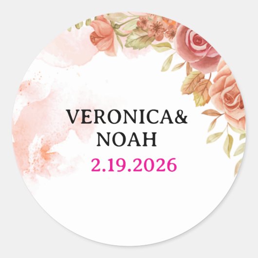 Roze bloemige trouwsticker ronde sticker (Voorkant)