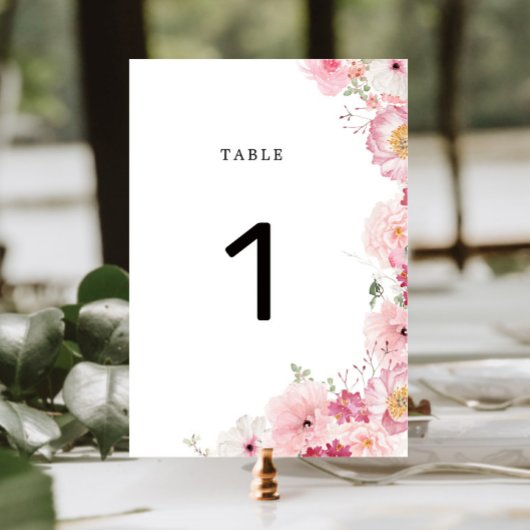 Roze bloemige trouwtafel nummer kaart