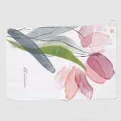 Roze Bloemige Tulpen Bladeren Wit Golfhanddoek (Horizontaal)
