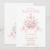 Roze bloemige uitnodiging voor de doop van een bab (Voorkant / Achterkant)