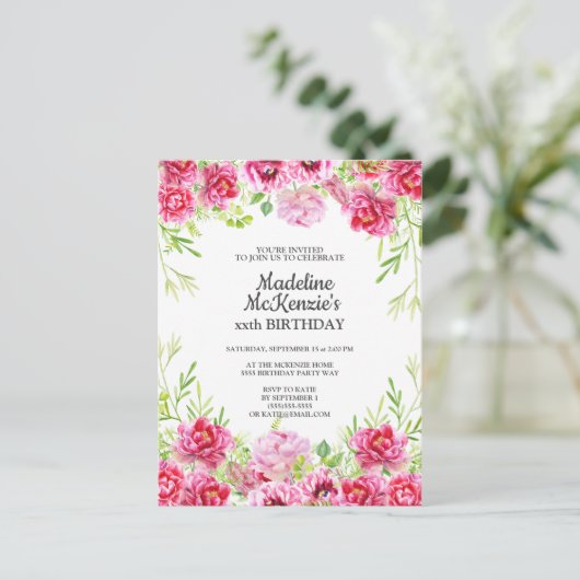 Roze bloemige verjaardagsfeest uitnodiging (Staand voorkant)