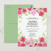 Roze bloemige verjaardagsfeest uitnodiging (Voorkant / Achterkant)